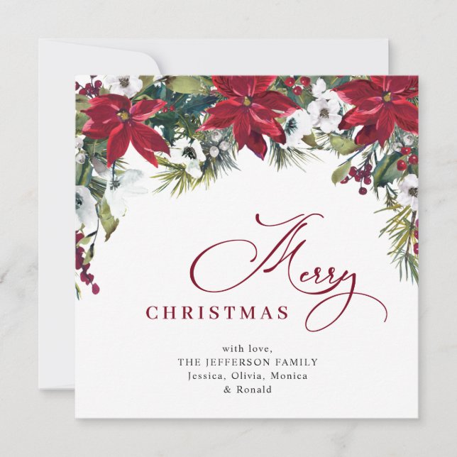 Elegant Poinsettia Mistletoe Christmas Greeting Holiday Card (Front)