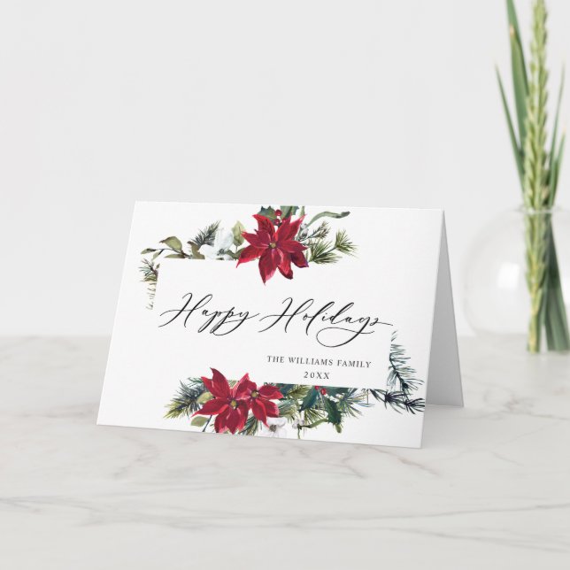 Elegant Poinsettia Mistletoe Christmas Greeting Holiday Card (Front)