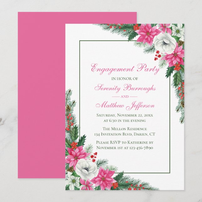 Elegant Poinsettia Pink Christmas Engagement Party Invitation (Front/Back)