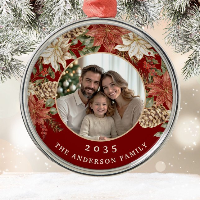 Elegant Poinsettia Rich Red Family Photo Metal Tree Decoration (Creator Uploaded)