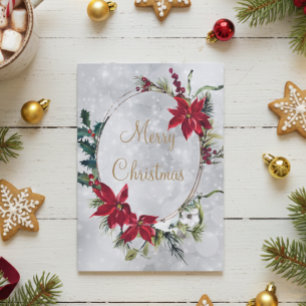 Elegant Poinsettia Silver Merry Christmas Holiday Card