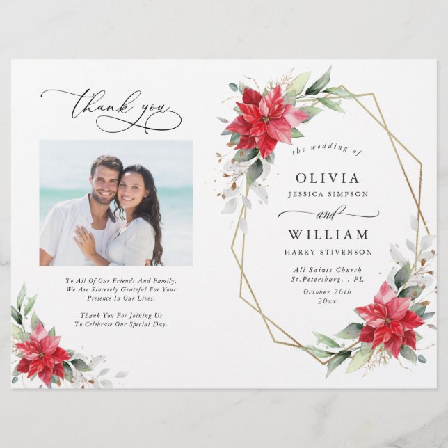 Elegant Poinsettia Watercolor Wedding Program (Front)