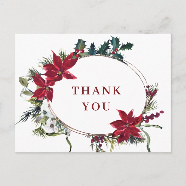Elegant Poinsettia Wedding Watercolor Thank You Postcard (Front)