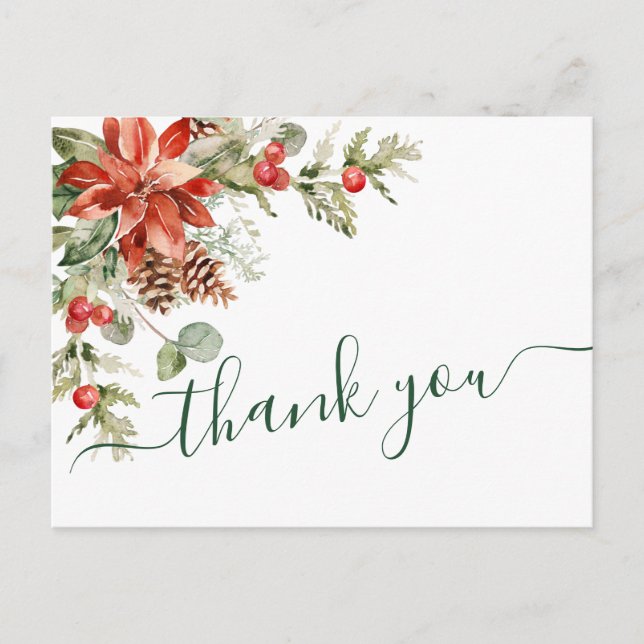Elegant Poinsettia Wedding Watercolor Thank You Postcard (Front)