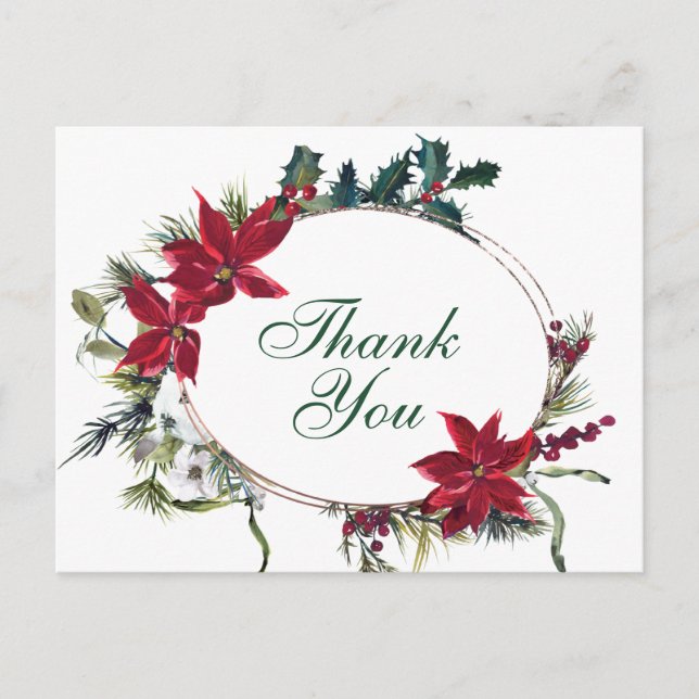 Elegant Poinsettia Wedding Watercolor Thank You Postcard (Front)