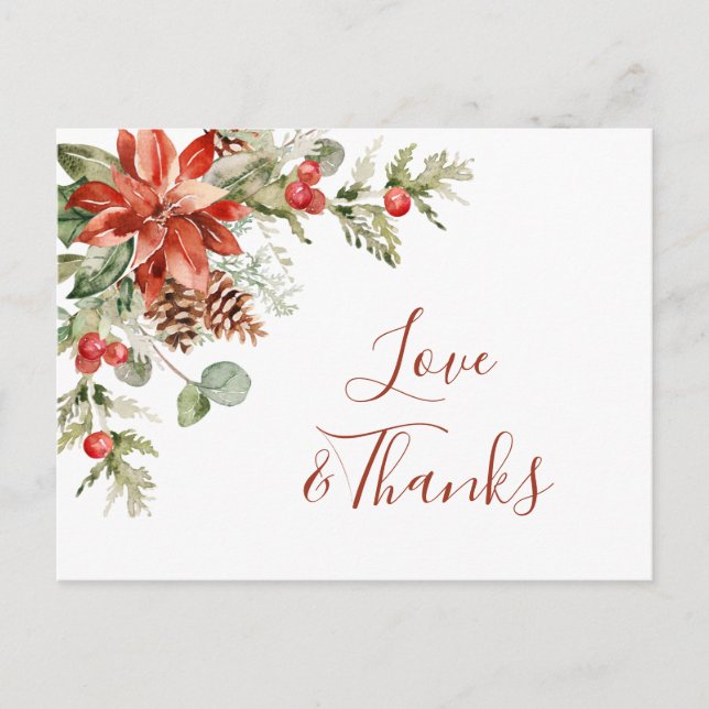 Elegant Poinsettia Wedding Watercolor Thank You Postcard (Front)
