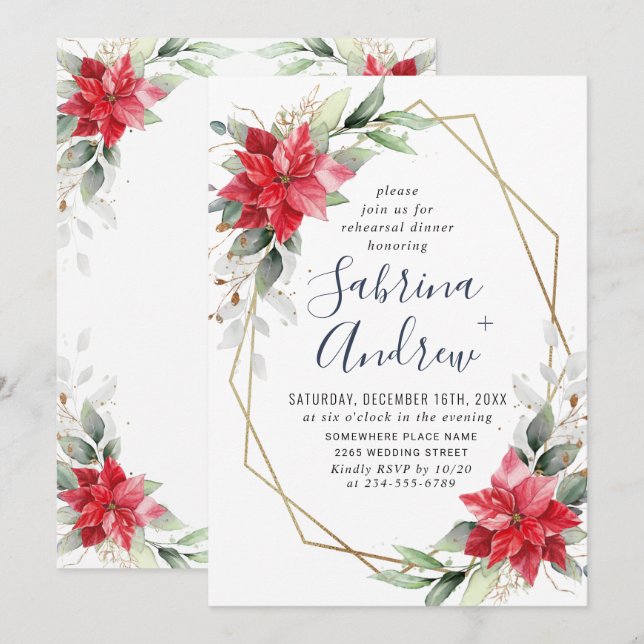 Elegant Poinsettia Winter Floral REHEARSAL DINNER Invitation (Front/Back)