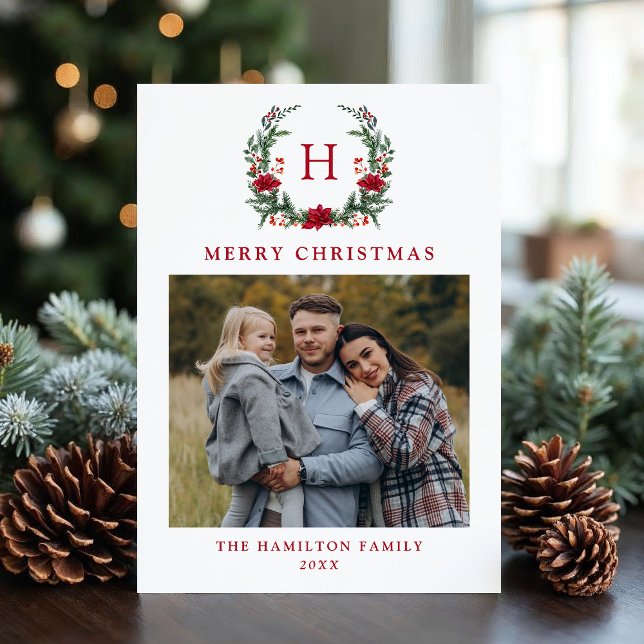 Elegant Poinsettia Wreath Monogram Photo Holiday Card (Creator Uploaded)