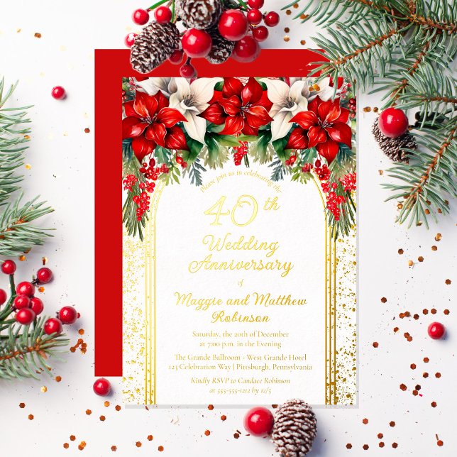 Elegant Poinsettias 40th Wedding Anniversary (Elegant Red and White Poinsettias Holiday "40th Wedding Anniversary" Party Gold Foil Invitation)