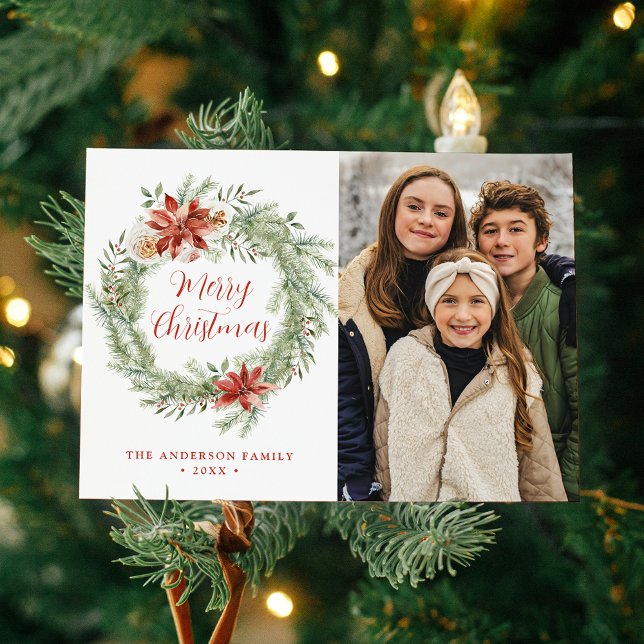 Elegant Poinsettias and Greenery 2 Photo Holiday Card (Creator Uploaded)