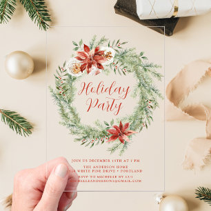 Elegant Poinsettias and Greenery Holiday Party Acrylic Invitations