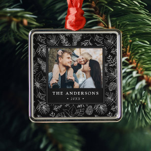 Elegant Poinsettias and Pinecones Black Photo Metal Tree Decoration