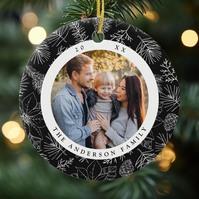 Elegant Poinsettias and Pinecones Charcoal Photo Ceramic Tree Decoration (Creator Uploaded)