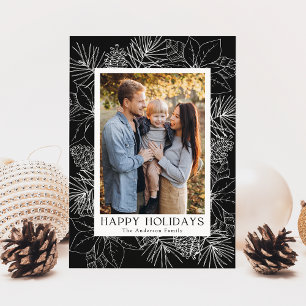Elegant Poinsettias and Pinecones Charcoal Photo Holiday Card
