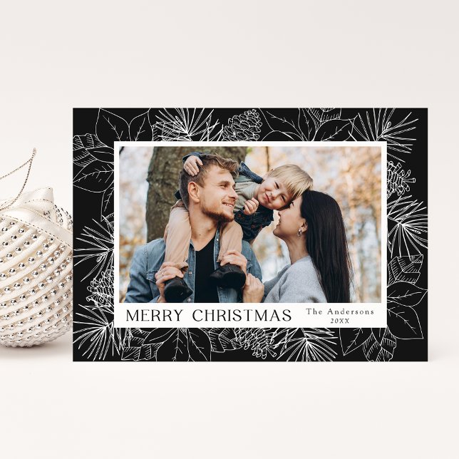 Elegant Poinsettias and Pinecones Charcoal Photo Holiday Card (Creator Uploaded)