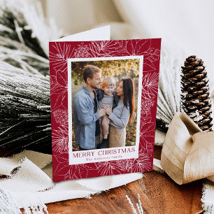Elegant Poinsettias and Pinecones Cranberry Photo Holiday Card