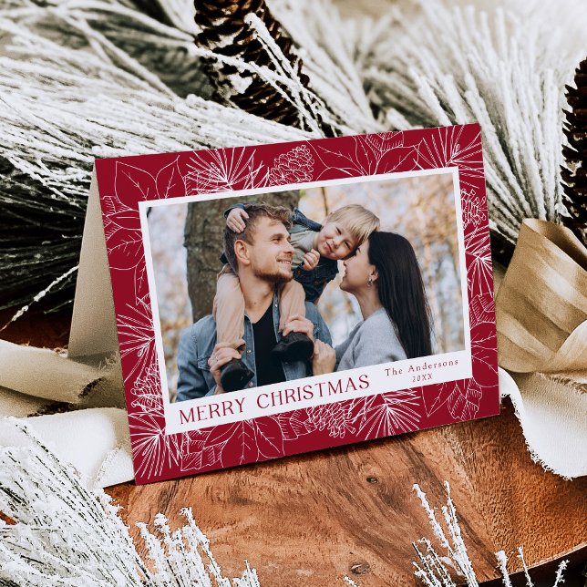 Elegant Poinsettias and Pinecones Cranberry Photo Holiday Card (Creator Uploaded)