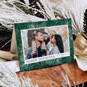 Elegant Poinsettias and Pinecones Green 2 Photo Holiday Card