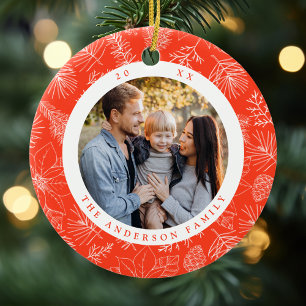 Elegant Poinsettias and Pinecones Orange Photo Ceramic Tree Decoration