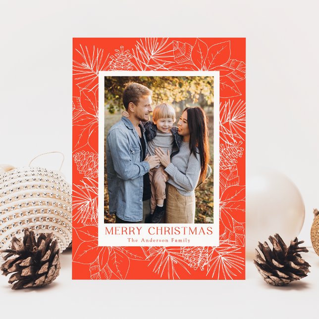 Elegant Poinsettias and Pinecones Orange Photo Holiday Card (Creator Uploaded)