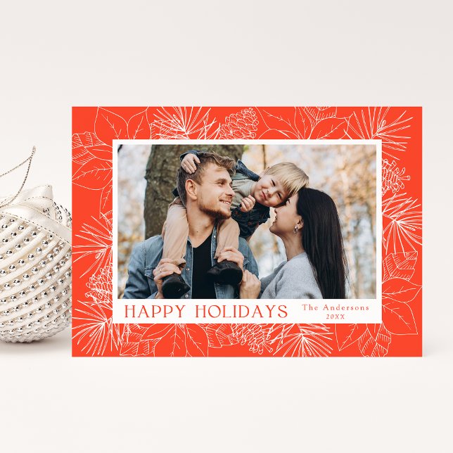 Elegant Poinsettias and Pinecones Orange Photo Holiday Card (Creator Uploaded)