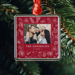 Elegant Poinsettias and Pinecones Photo Metal Tree Decoration