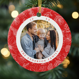 Elegant Poinsettias and Pinecones Red Photo Ceramic Tree Decoration