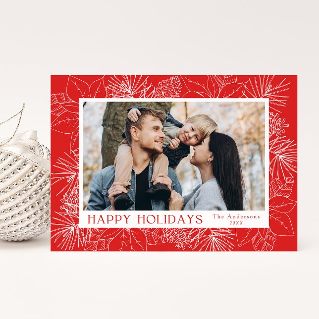 Elegant Poinsettias and Pinecones Red Photo Holiday Card (Creator Uploaded)