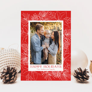 Elegant Poinsettias and Pinecones Red Photo Holiday Card