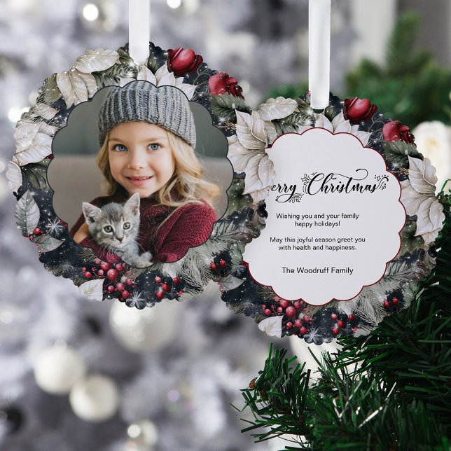 Elegant Poinsettias and Roses Photo Tree Decoration Card (Creator Uploaded)