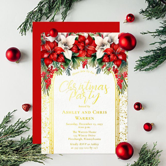 Elegant Poinsettias Floral Christmas Holiday Party (Red and white poinsettias and berries bouquet, arched gold foil frame and text Christmas Party)