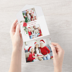 Elegant Poinsettias & Gold Scrolls 2-Photo All In One Invitation