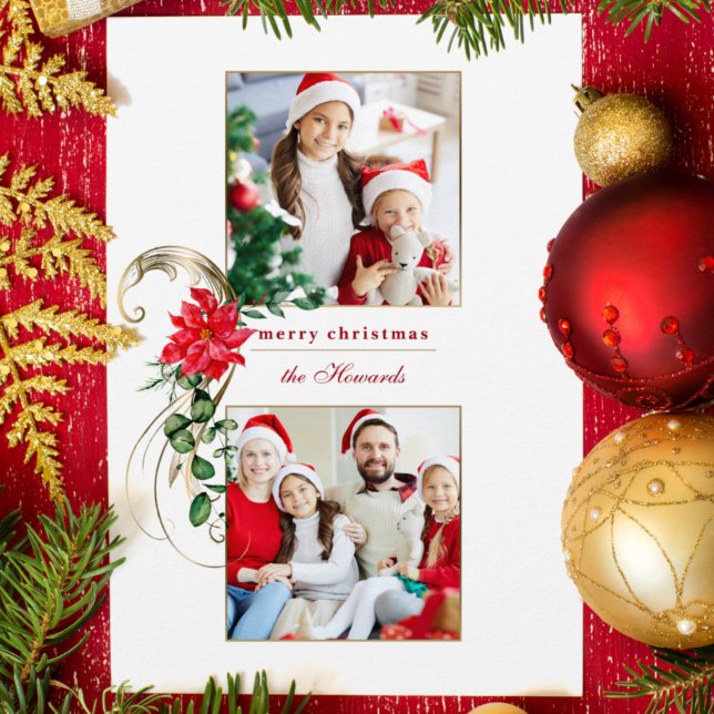 Elegant Poinsettias & Gold Scrolls 2-Photo Holiday Card (Creator Uploaded)