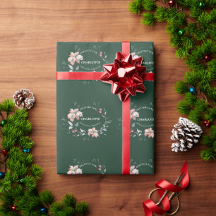 Elegant Pointsetta and Berry Wreath Name Wrapping Paper