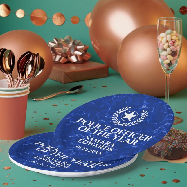 Elegant Police Officer of the Year Blue Marble Paper Plate (Multi)