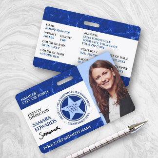 Elegant Police Officer Photo Signature Blue Marble ID Badge