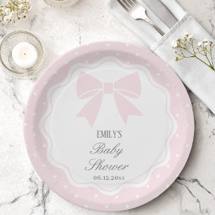 Elegant Polka Dots Baby Pink Bow Baby Girl Shower Paper Plate
