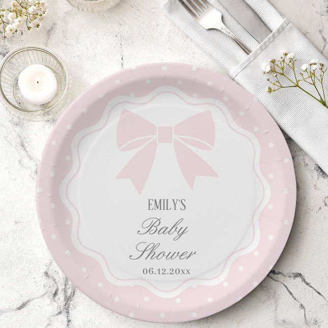 Elegant Polka Dots Baby Pink Bow Baby Girl Shower Paper Plate (Creator Uploaded)