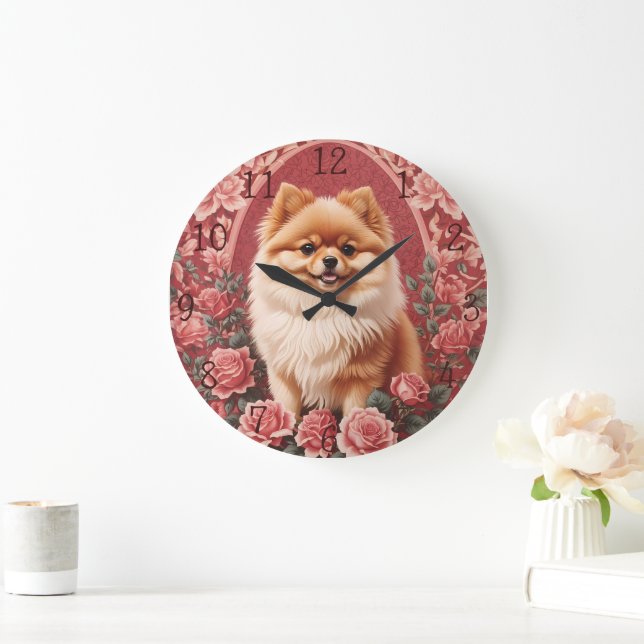Elegant Pomeranian Dog William Morris Inspired  Large Clock (Home)