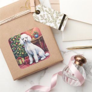 Elegant Poodle Beside Christmas Tree Holiday Dog  Square Sticker