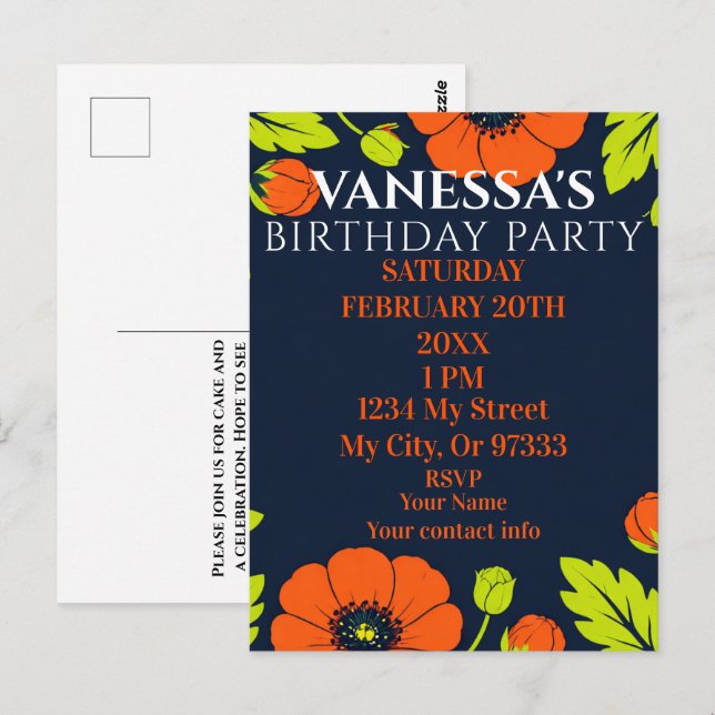 Elegant Poppies Black Birthday Invitation Postcard (Front/Back)