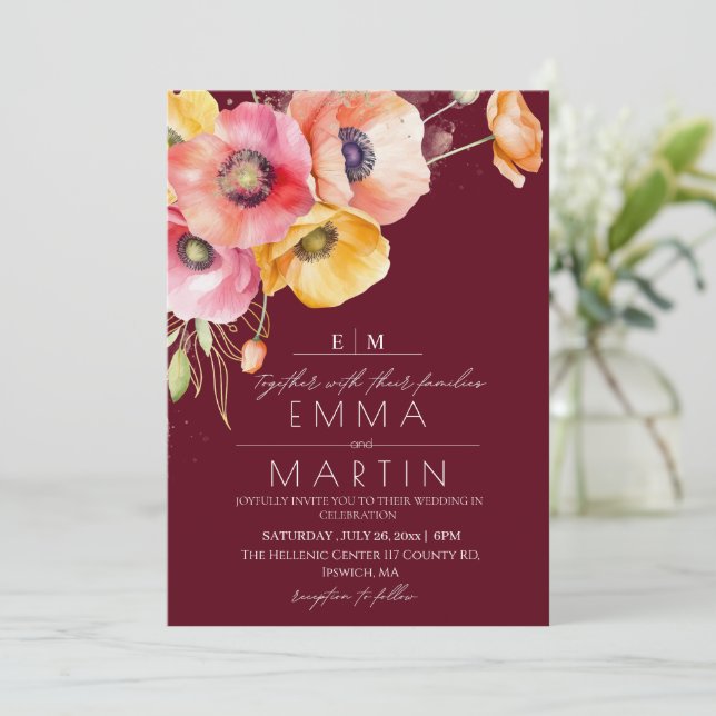 Elegant Poppies Floral  Wedding Invitation (Standing Front)
