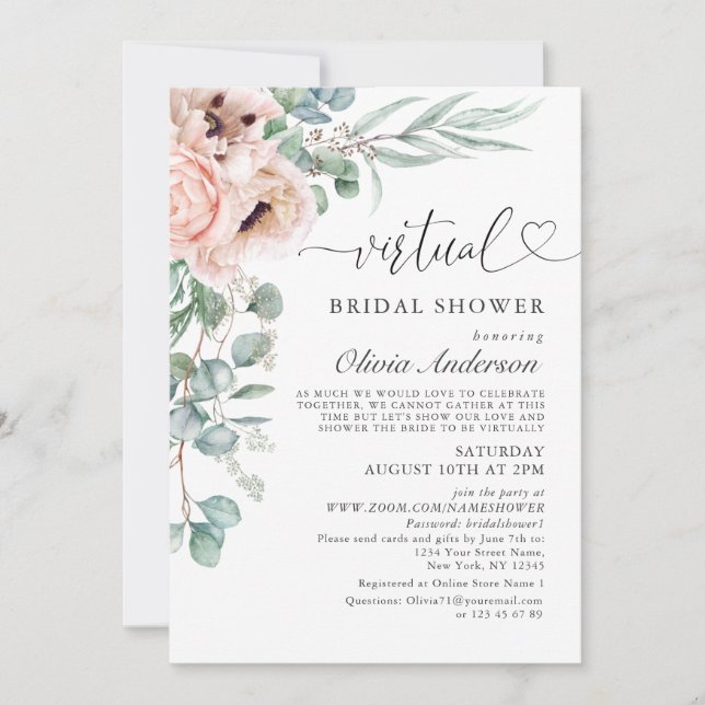 Elegant Poppy Eucalyptus virtual Bridal Shower Invitation (Front)