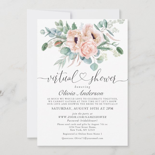 Elegant Poppy Eucalyptus virtual Bridal Shower Invitation (Front)