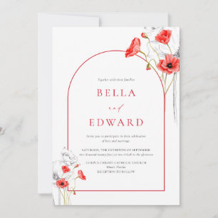 Elegant Poppy Red Watercolor Wildflowers Wedding Invitation