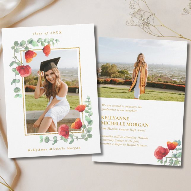 Elegant Poppy Watercolor Floral 2 Photo Graduation Announcement (Elegant Poppy Watercolor Floral 2 Photo Graduation Announcement
)
