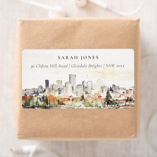 Elegant Portland Oregon Skyline Watercolor Address (Insitu)