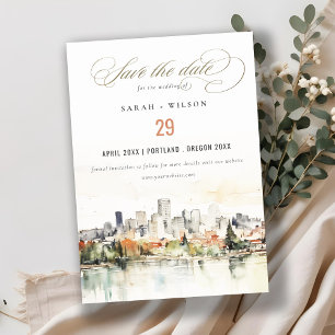 Elegant Portland Oregon Skyline Watercolor Wedding Save The Date