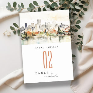 Elegant Portland Oregon Skyline Watercolor Wedding Table Number