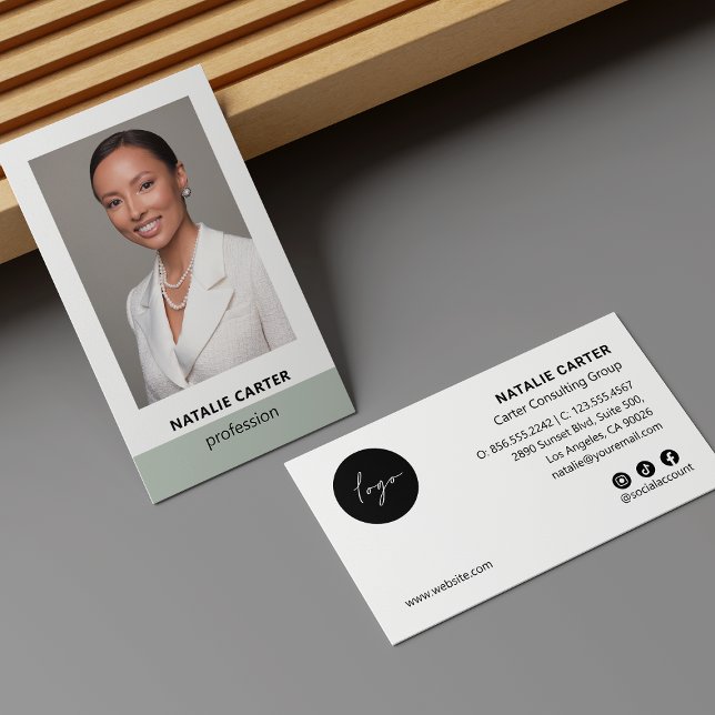 Elegant Portrait Photo Logo Social Icon SAGE GREEN Business Card (Creator Uploaded)